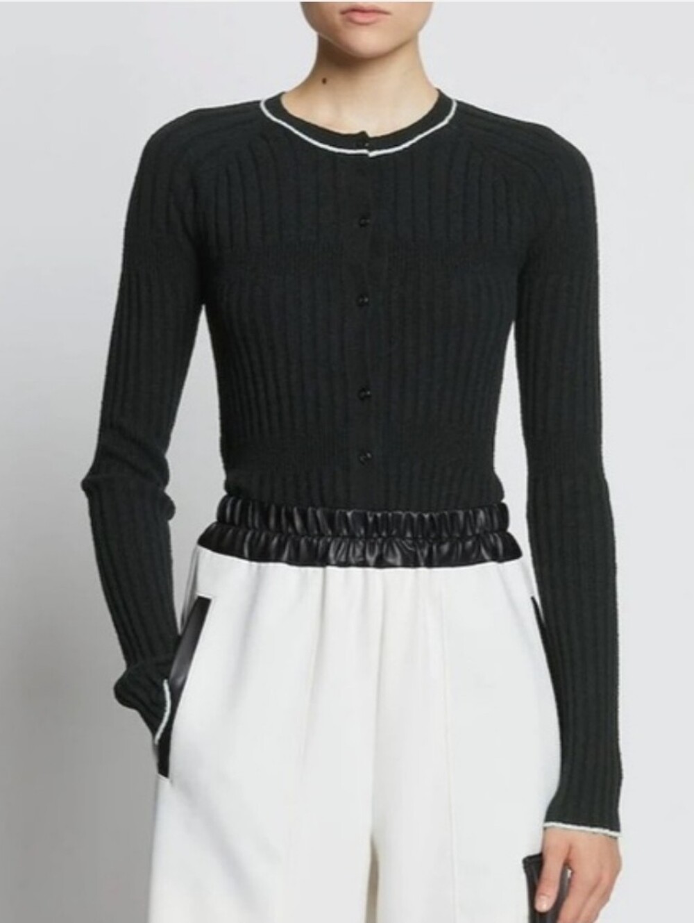 PROENZA SCHOULER White Label $450 Black Boucle Cotton Cardigan Ribbed Sweater L